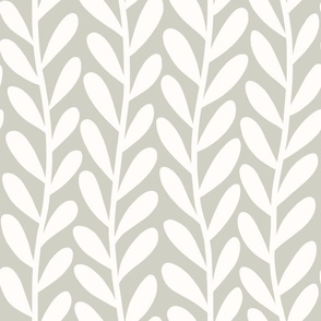 White trailing leaves on light blue grayish background - rounded wavy leaves on a continuous branch