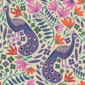 Peacocks light large (fabric 12" - wallpaper 24") - A busy colorful boho folk floral design with peacocks and flowers galore.