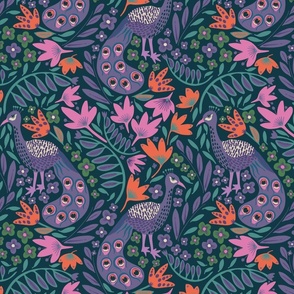 Peacocks dark smaller  (fabric 12"- wallpaper 12") -  A busy colorful boho folk floral design with peacocks and flowers galore. 