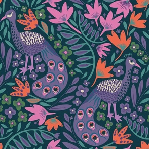 Peacocks dark- larger  (fabric 12" wallpaper 24" )  A busy moody boho folk floral design with peacocks and flowers galore. 