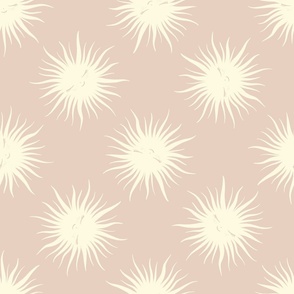 Cute sleepy cream white suns with smiley faces on pale pink
