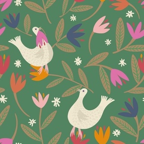 Be kind bring joy green (fabric 12" - wallpaper 24")  - Sweet  doves and flowers in this folk floral design.