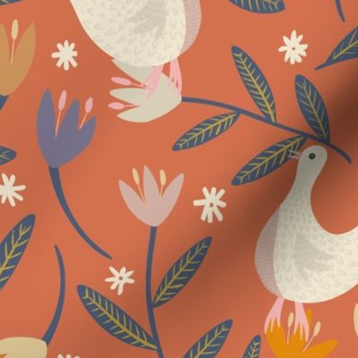 Be kind bring joy orange (fabric 12" - wallpaper 24") Sweet  doves and flowers in this folk floral design. Also available in another colorway, part of my colorful folk collection.