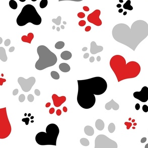 Black Gray Red Hearts and Paw Prints - Large Scale