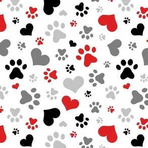 Black Gray Red Hearts and Paw Prints - Small Scale