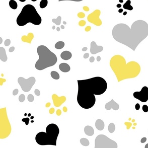 Black Gray Yellow Hearts and Paw Prints - Large Scale