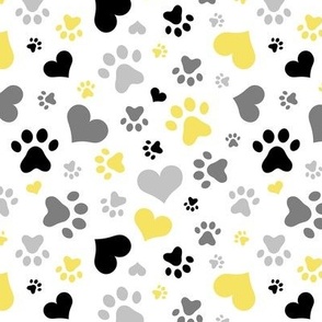 Black Gray Yellow Hearts and Paw Prints - Small Scale