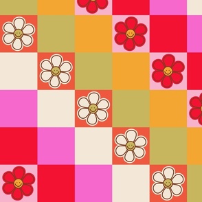 Checkered colorblock retro smiling Daisies | Rainbow | Dopamine Rush collection 