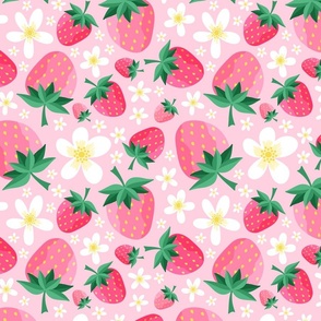 Sweet Berries and Blooms - Strawberry and Floral Pattern on Pink Large
