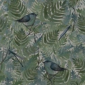 Bird And Dragonflies In The Ferns Pattern Blues And Greens Dark Small Scale