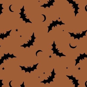 Bats & Stars - Halloween moon and autumn night creatures design black on rust sienna