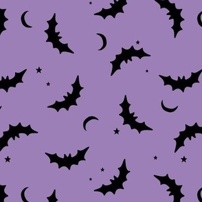 Bats & Stars - Halloween moon and autumn night creatures design black on lilac purple