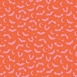 Bats & Stars - Halloween moon and autumn night creatures small horror design pink on coral orange girls palette