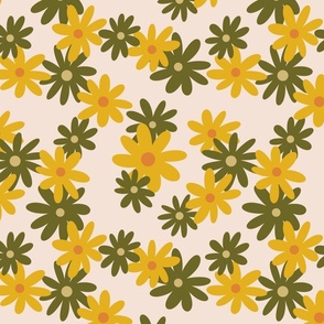 Large Scale Mid-Century Green and Yellow Flowers