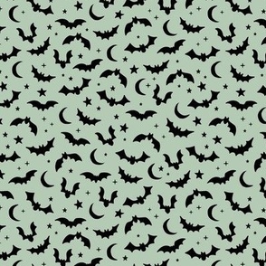 Bats & Stars - Halloween moon and autumn night creatures small horror design black on sage green