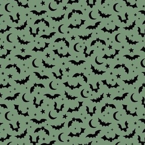 Bats & Stars - Halloween moon and autumn night creatures small horror design black on olive green