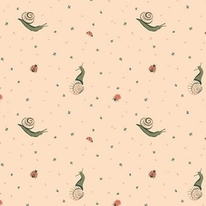 Micro, Mini Ditsy Bugs, Ladybugs and Snails - Cream with Coral Pink and Olive Green