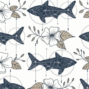 Shark floral - coastal navy and tan