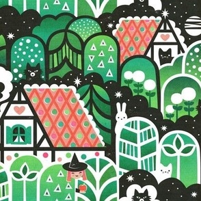 Fairytale Woods - S - Forest Trees Wolf Cat Rabbit Gingerbread House Landscape Nature Night Dark Black White Scandinavian Folk Retro Vintage Midcentury Green Geometric Baby Nursery Cute