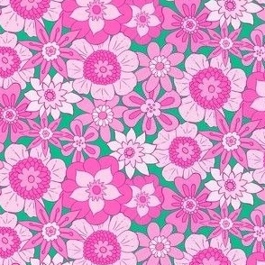 Retro Mod Flowers - Ditsy Scale - Pink and Green Groovy Hippy Hippies 60s 70s