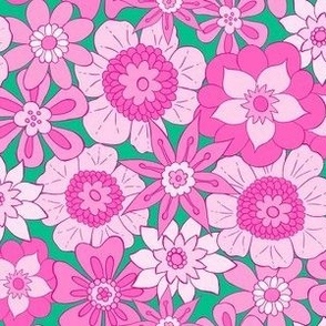 Retro Mod Flowers - Small Scale - Pink and Green Groovy Hippy Hippies 60s 70s