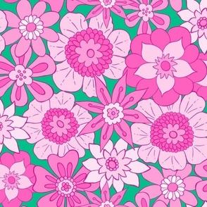 Retro Mod Flowers - Medium Scale - Pink and Green Groovy Hippy Hippies 60s 70s