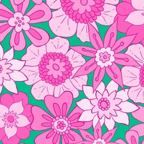 Retro Mod Flowers - Large Scale - Pink and Green Groovy Hippy Hippies 60s 70s