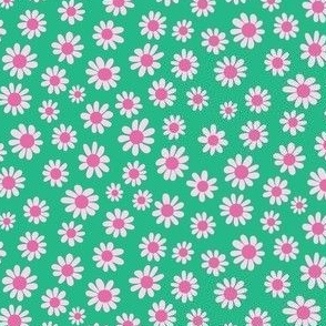 Joyful Light Pink Daisies - Ditsy Scale - Pink and Green Retro Vintage Flowers Floral 60s 70s Preppy