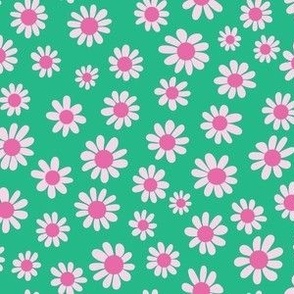 Joyful Light Pink Daisies - Small Scale - Pink and Green Retro Vintage Flowers Floral 60s 70s Preppy