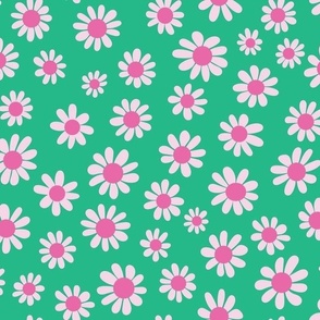 Joyful Light Pink Daisies - Medium Scale - Pink and Green Retro Vintage Flowers Floral 60s 70s Preppy