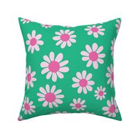 Joyful Light Pink Daisies - Large Scale - Pink and Green Retro Vintage Flowers Floral 60s 70s Preppy