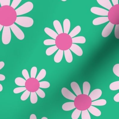 Joyful Light Pink Daisies - Large Scale - Pink and Green Retro Vintage Flowers Floral 60s 70s Preppy