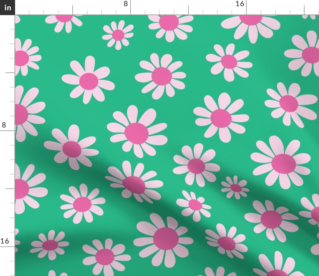 Joyful Light Pink Daisies - Large Scale - Pink and Green Retro Vintage Flowers Floral 60s 70s Preppy