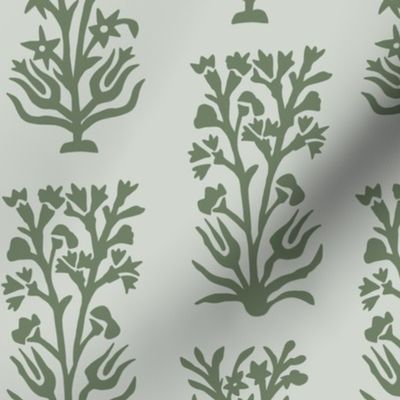 Botanical Floral Woodblock Inspired Design on Light Sage Green