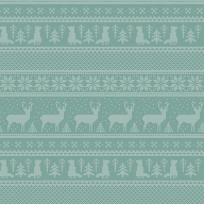 Nordic Knit / Medium Scale / Wintergreen / 230303A - Retro Christmas Winter Knit Sweater in Teal Green with Woodland Animals, Trees, Snowflakes