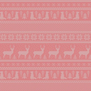 Nordic Knit / Medium Scale / Cranberry / 230303B - Retro Christmas Winter Knit Sweater in Crimson Red, Soft Pink, and White with Woodland Animals, Trees, Snowflakes