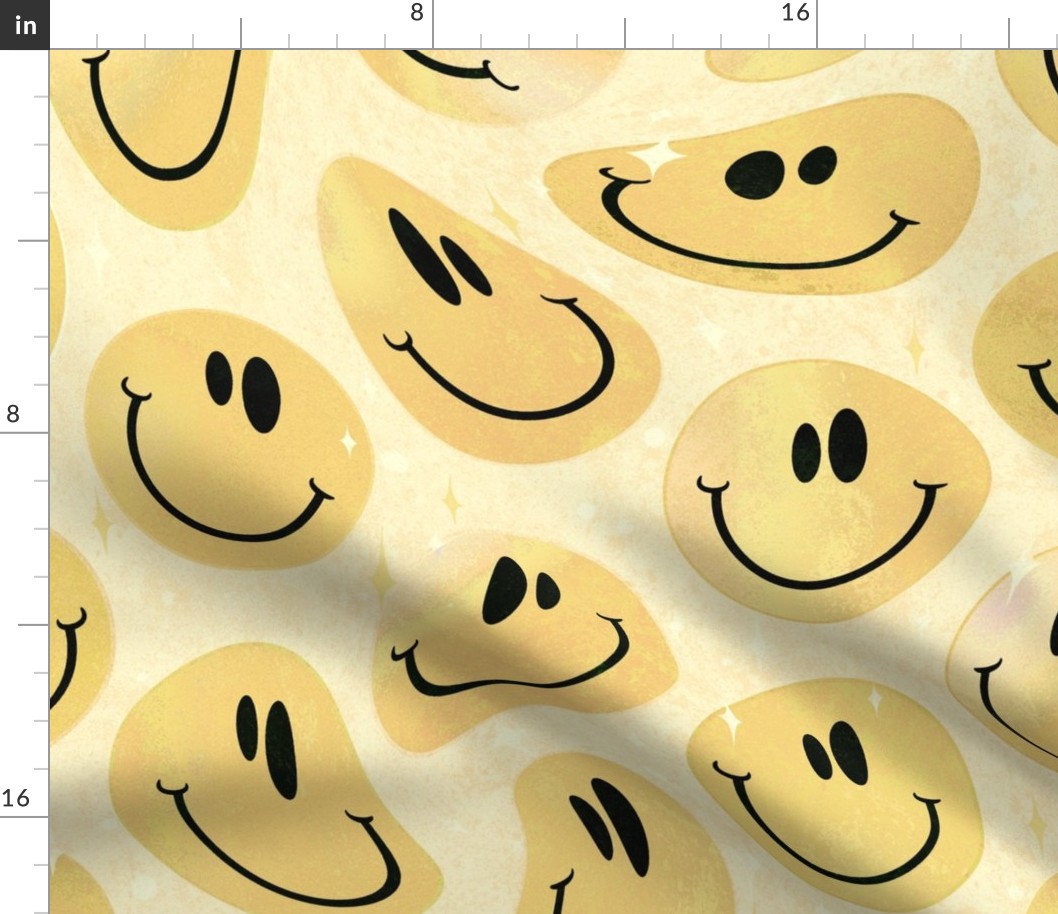 Trippy Boho Egg Yolk Yellow Smiley Face - Boho Gold Smiley Face - Pale Yellow Trippy Smiley Face - SmileBlob - xxtsf517 - 67.91in x 56.49in repeat - 150dpi (Full Scale)