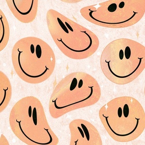 Trippy Boho Melon Orange Smiley Face - Boho Peach Smiley Face - Pale Orange Trippy Smiley Face - SmileBlob - xxtsf520 - 67.91in x 56.49in repeat - 150dpi (Full Scale)