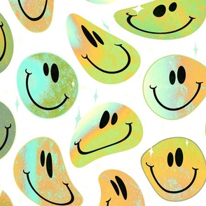 Trippy Twisted Earth Tone Agate Smiley Face - Earthy Aqua, Green, Orange Smiley Face - Light Orange, Green, Aqua Blue Psychedelic Trippy Smiley Face - SmileBlob - xxtsf617 - 67.91in x 56.49in repeat - 150dpi (Full Scale)