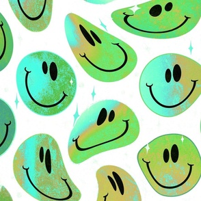 Trippy Twisted Green Pebbles Smiley Face - Earthy Green and Aqua Blue Smiley Face - Light Green, Aqua Blue Psychedelic Trippy Smiley Face - SmileBlob - xxtsf618 - 67.91in x 56.49in repeat - 150dpi (Full Scale)