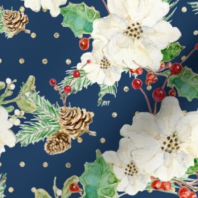 12" Elegant Christmas Floral White Roses Holly and Pine Cones in Navy Blue by Audrey Jeanne