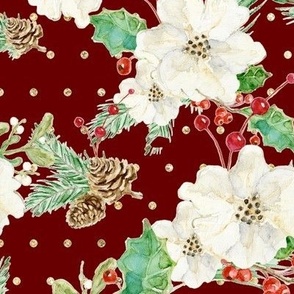 12" Elegant Christmas Floral White Roses Holly and Pine Cones in Burgundy Red by Audrey Jeanne