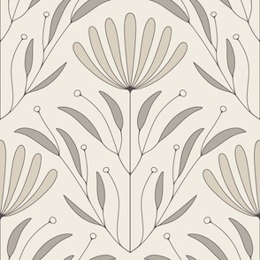 jumbo floral wallpaper bedding - bone beige_ cloudy silver_ creamy white_ purple brown - outlined flowers and leaves