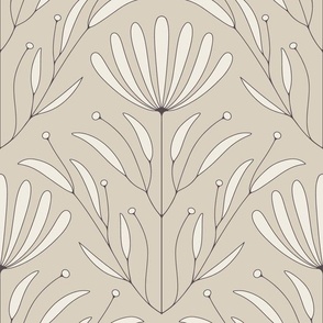 classic floral wallpaper - bone beige_ creamy white_ purple brown - outlined flowers and leaves