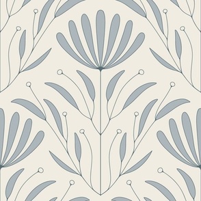 classic floral wallpaper - creamy white_ french grey blue_ marble blue - outlined flowers and leaves