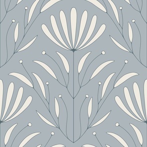classic floral wallpaper - creamy white_ french grey_ marble blue - outlined flowers and leaves