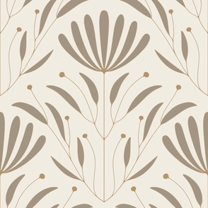 classic floral wallpaper - creamy white_ khaki brown_ lion gold - outlined flowers and leaves