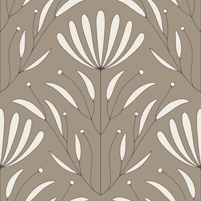 classic floral wallpaper - creamy white_ khaki brown_ purple brown - outlined flowers and leaves
