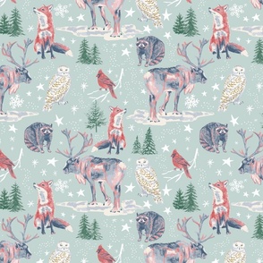 Winter Solstice  / Large Scale / 230301 - cottagecore Christmas toile with cute reindeer, raccoon, snowy evergreen trees on a blue snowflake background with stars