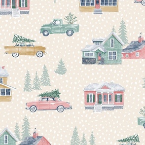 Snowbound Village  / Jumbo Scale / Eggnog Cream / 230302 - 1950s style cottagecore Christmas farm scene in pinkish beige nude tan neutral aesthetic with evergreen trees and gingerbread houses